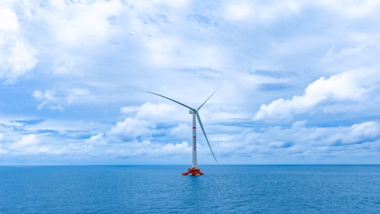Off China's Lufeng oil field, a 16 megawatt floating turbine began sending power in August, and the rig it feeds now burns far less fuel oil each day 26 Floating turbine towering over waves near Lufeng oil field platform, off china s
