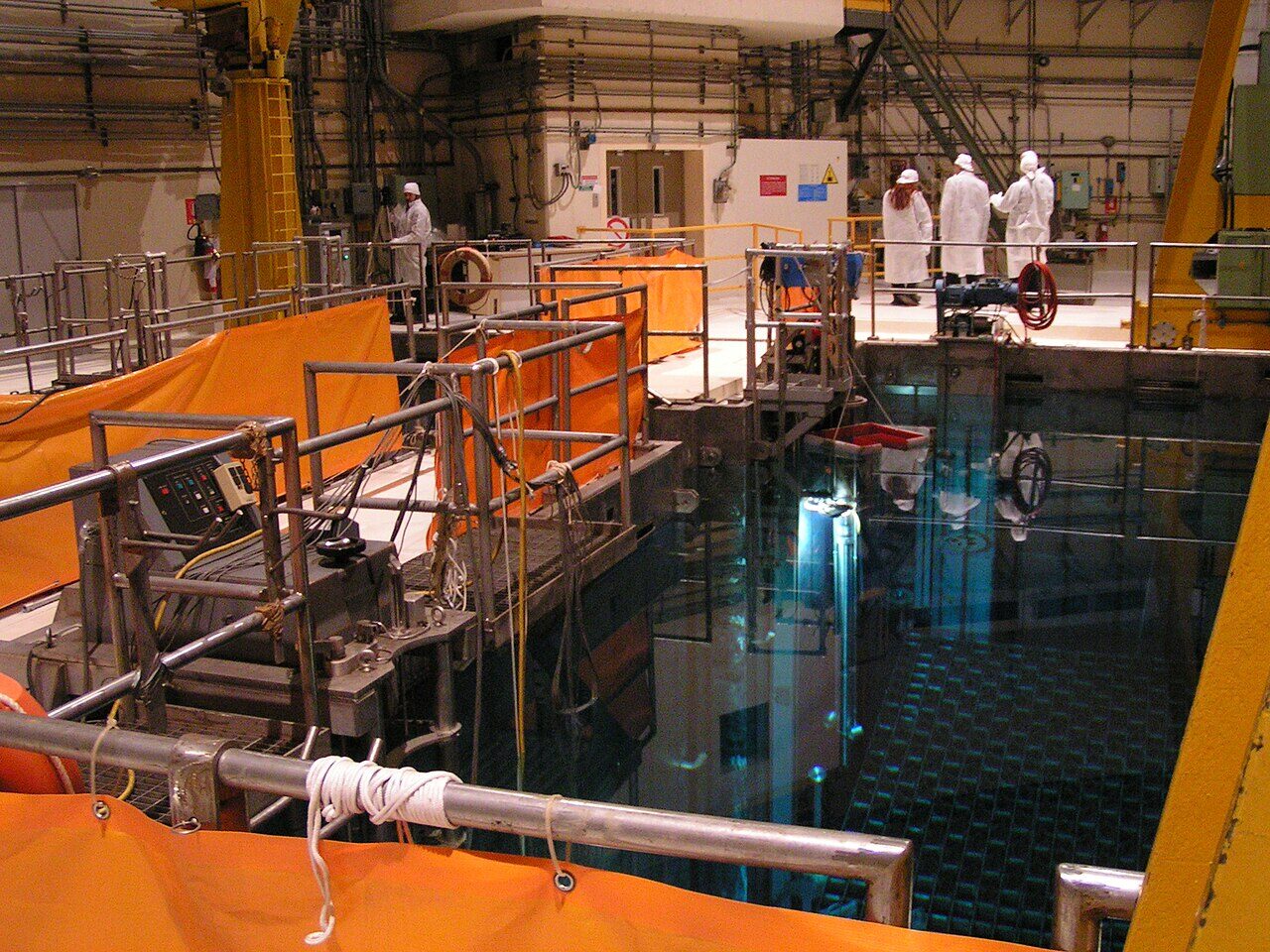 Cobalt rods lowered into reactor bay for medical equipment sterilization, two working reactors